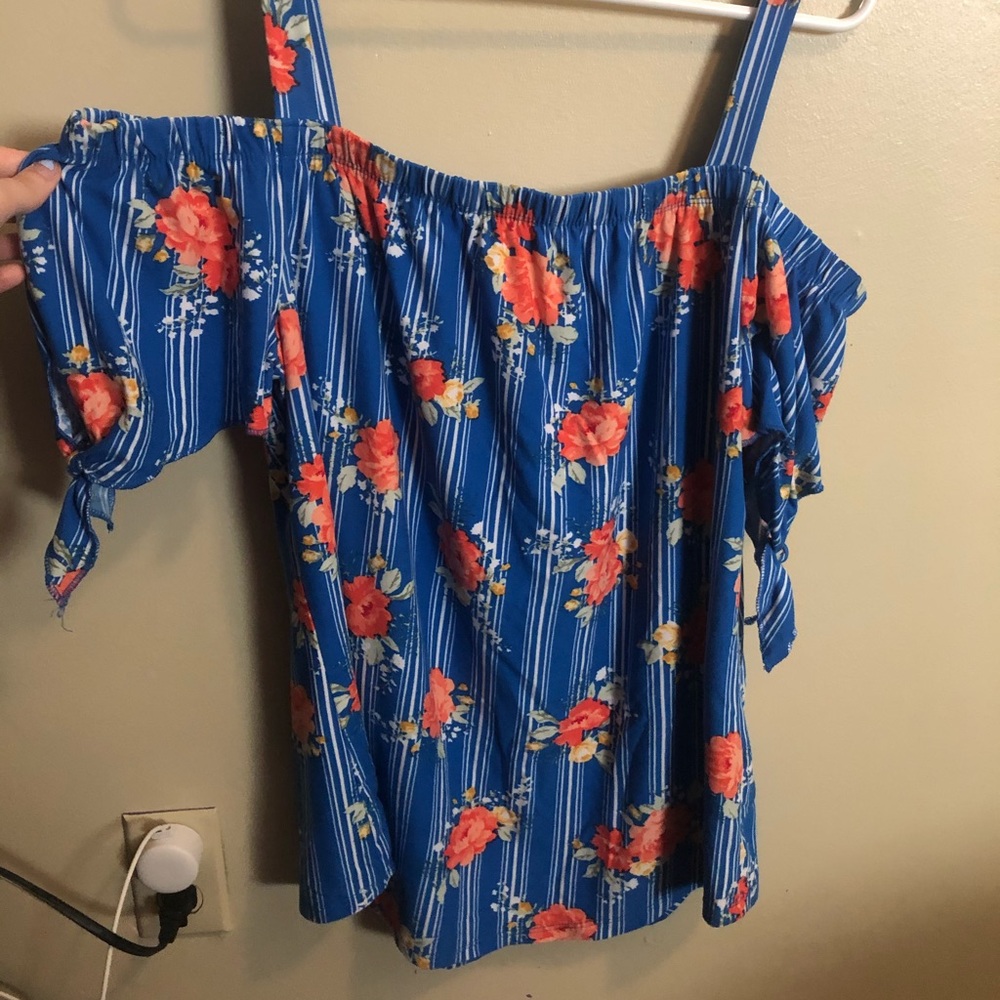 Blue Floral Off Shoulder Shirt